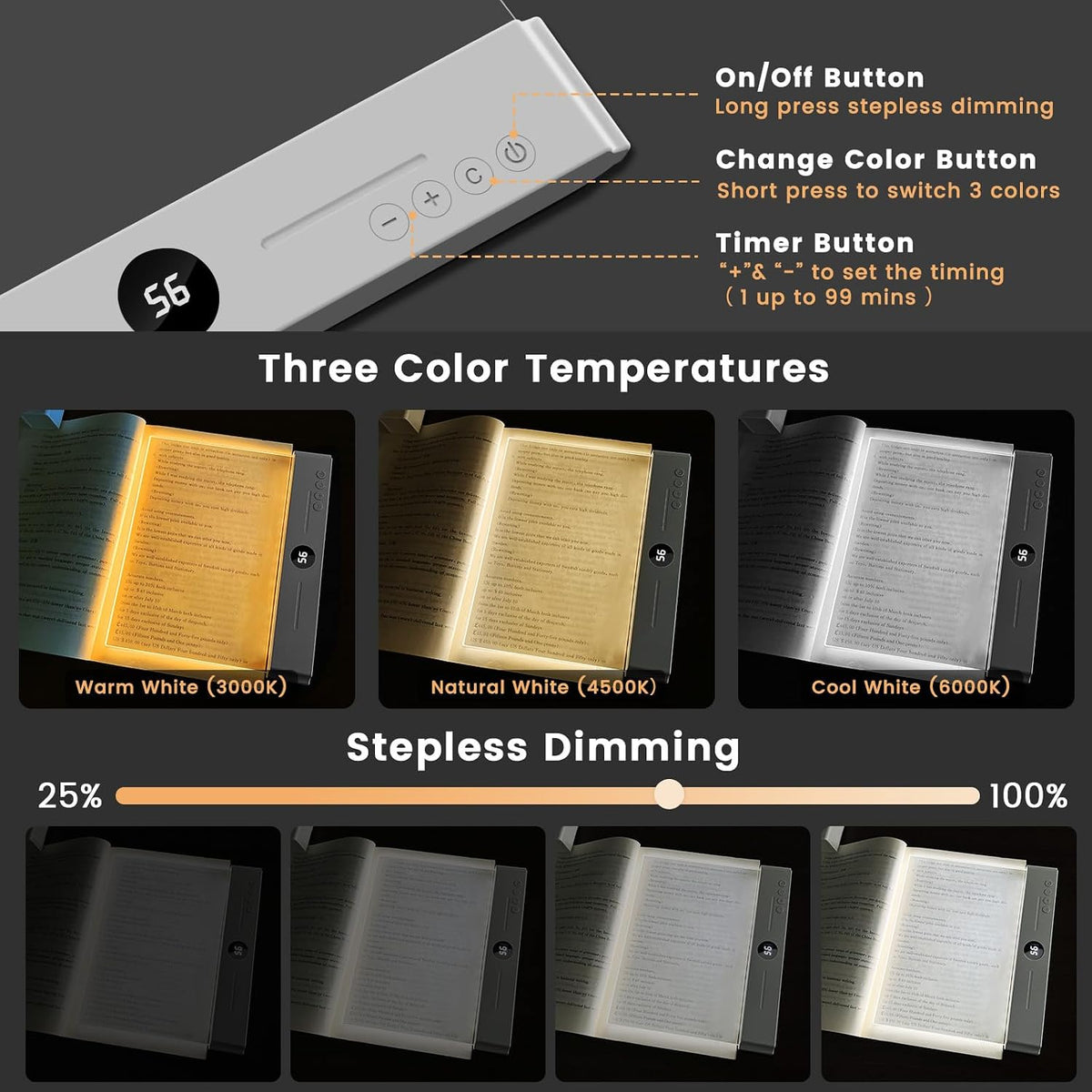 easuntec Book Light, Rechargeable Reading Light with Eye Protection - 3 Color Temps Timer Dimmable, Book Lights for Reading at Night, Flat Book Lights Gifts for Book Lovers Students Readers (Black)