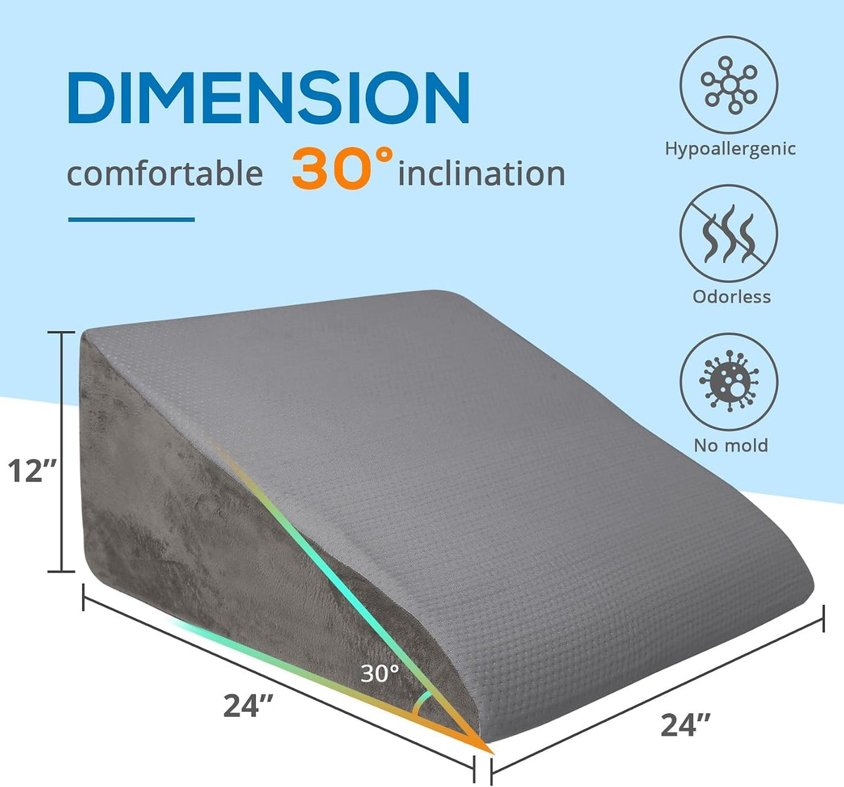 Sasttie Wedge Pillow 24x24x12 inch, Memory Foam Bed Wedge, Cool Grey