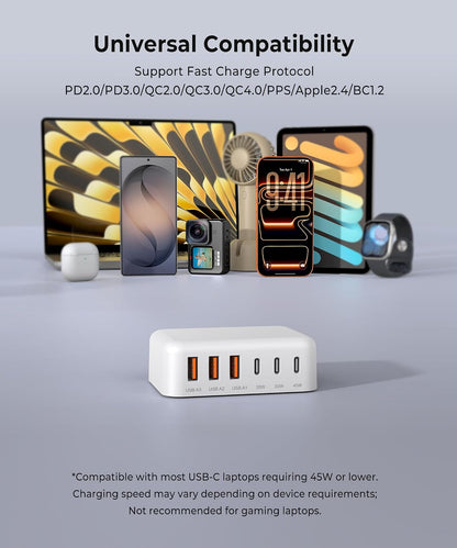 USB Fast Charger Block 50% Smaller 100W Max 6-Port GaN USB Charging Station
