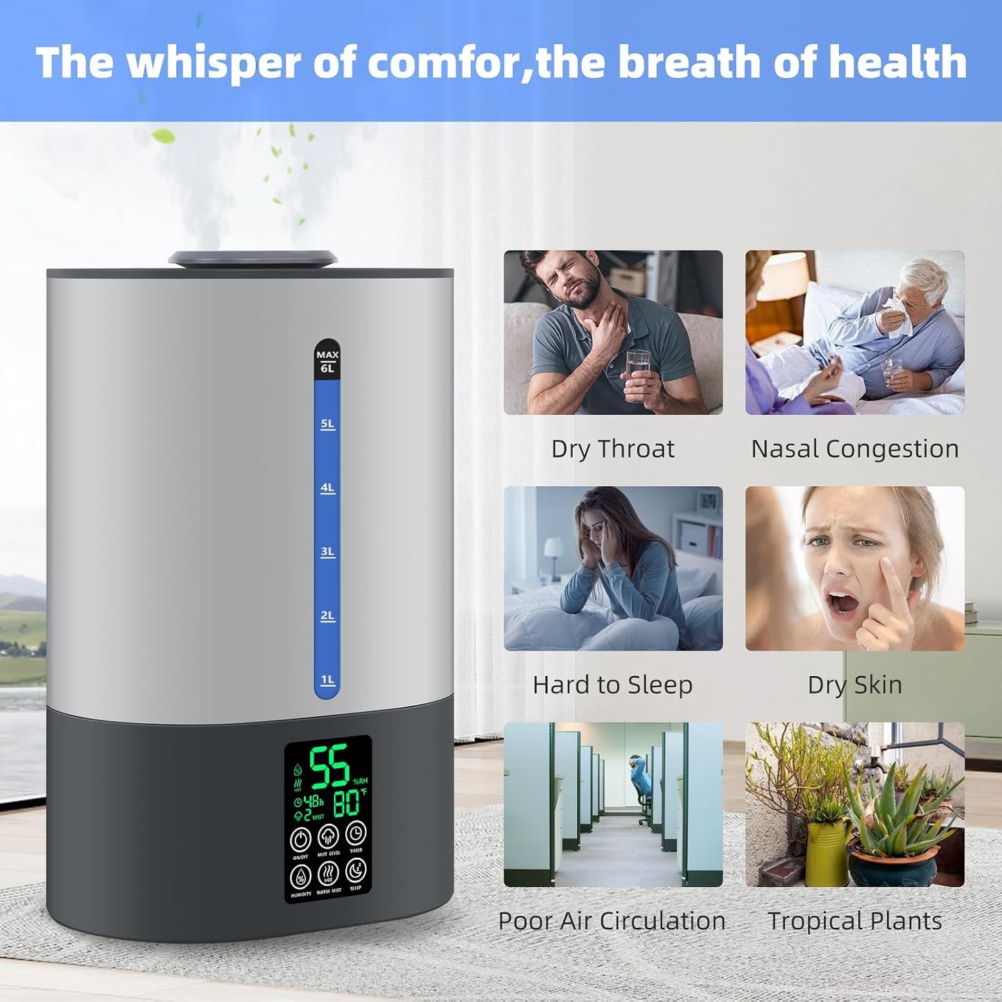 Coolfiqu 6L Humidifiers for Bedroom Large Room Home,Cool and Warm Humidifier for Baby and Plants Hot Mist Top Fill Desk Humidifiers Oil Diffuser,Quiet,Adjustable Mist,360°Nozzle-Black(2026 Upgraded)