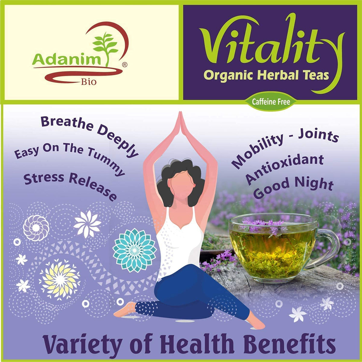 Adanim Bio Vitality Organic Herbal Tea Sampler Gift Box Caffeine Free 8 Unique Flavors for Tea Lovers 64 Individually Wrapped Tea Bags Variety Pack