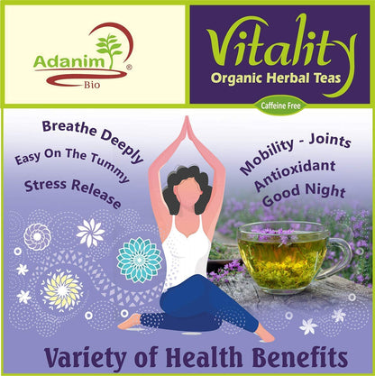Adanim Bio Vitality Organic Herbal Tea Sampler Gift Box Caffeine Free 8 Unique Flavors for Tea Lovers 64 Individually Wrapped Tea Bags Variety Pack