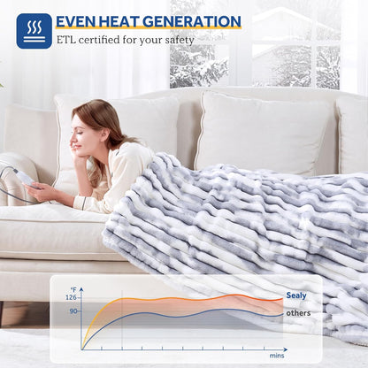 Sealy Electric Blanket Throw Size 50"*60",Super Cozy Faux Fur to Sherpa Reversible Heated Blanket Throw with 6 Heating Levels & 2-10 Hours Auto Off Overheating Protection Machine Washable,Blue White