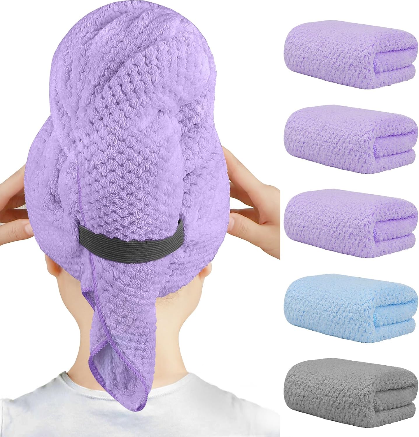 HOMEXCEL 5 Pack Microfiber Hair Towels - 40 x 20 inches Super Soft, Fast Drying Turbans for Long, Thick, Curly Hair - Anti Frizz Wrap with Elastic Strap