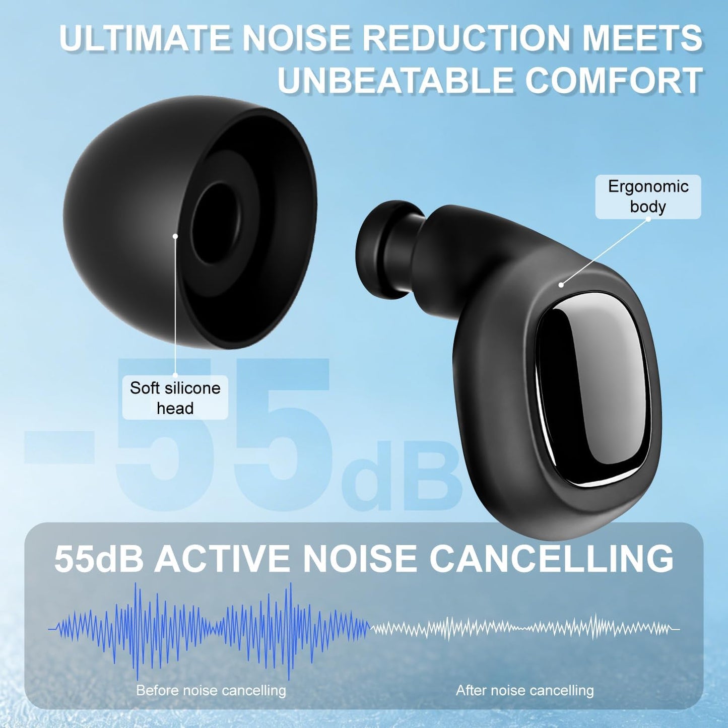 Ultra Soft Ear Plugs - 55dB (SNR) Noise Reduction Hearing Protection - Reusable Earplugs Flexible Comfortable Fit for Noise Sensitivity, Sleep, Work, Study, Airplane, Concerts & Festivals (Black)
