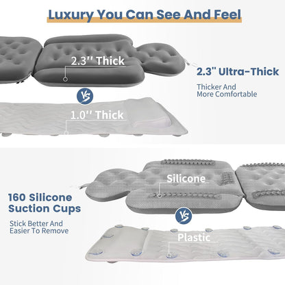 Luxury Bath Cushion, Full Body Bathtub Pillow with 160 Suction Cups, Bath Mat for Head and Neck Support, with Laundry Bag (Blue, 51" x 16")