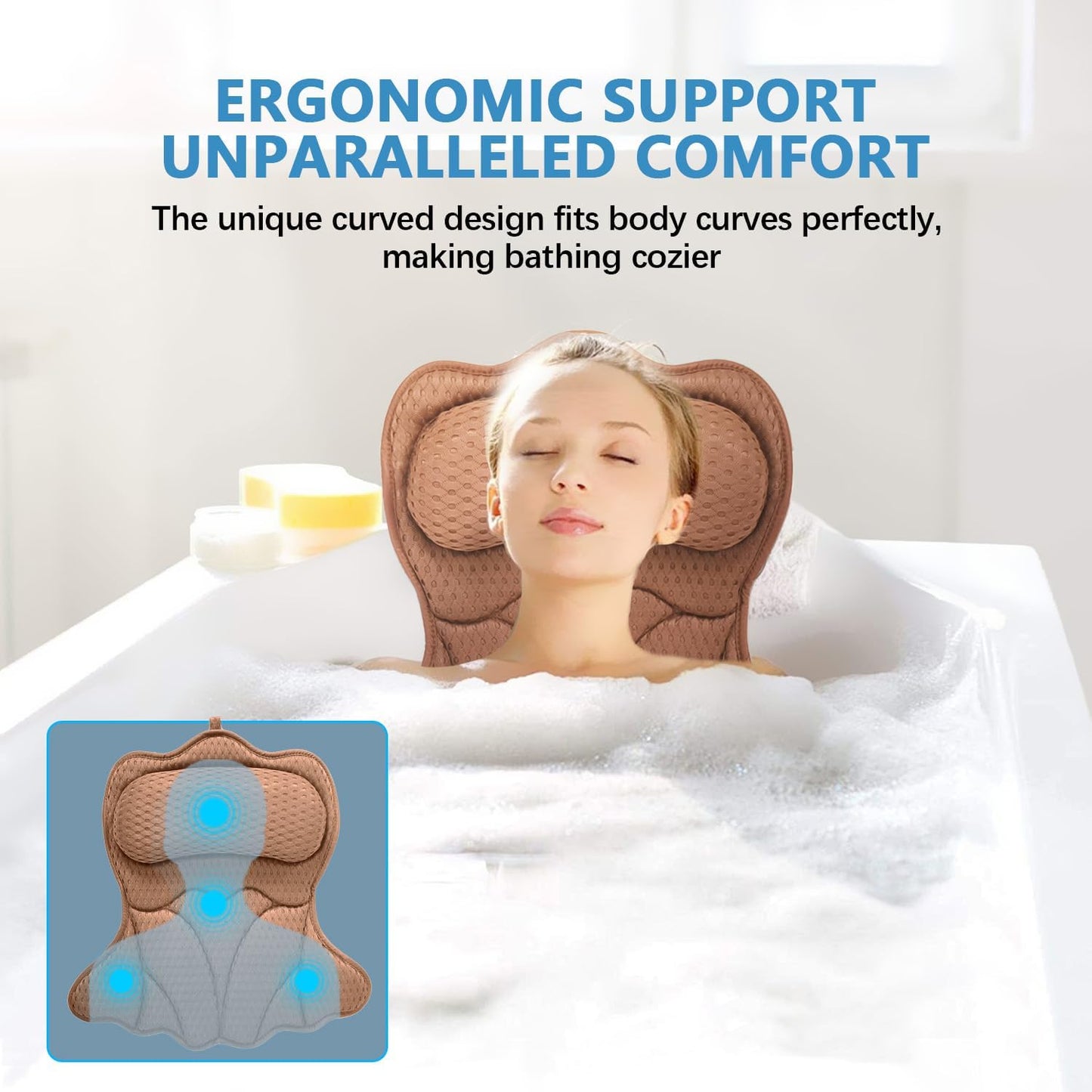 REEZEIVI Bath Pillows for Tub,Bath Pillow with 6 Non-Slip Suction Cups,Soft 4D Mesh Fabric,Bathtub Pillows for Tub Neck and Back Support,Extra Thick Luxury Bathtub Pillows,Grey
