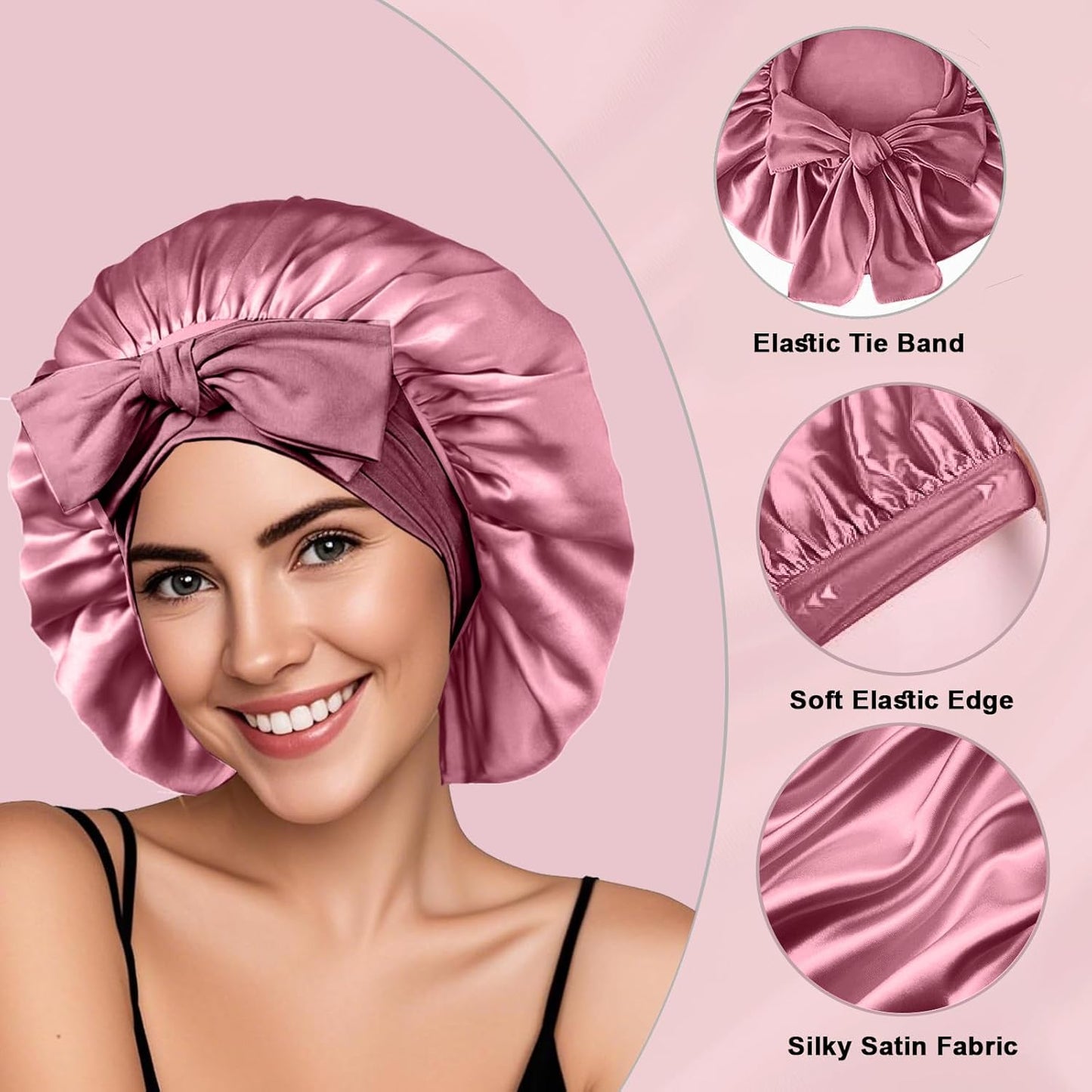 2Pcs Silk Hair Satin Bonnet for Sleeping Women,Large Satin Sleep Bonnets for Women with Elastic Tie Band Silk Hair Wrap with Ajustable Straps,Night Sleep Cap for Curly Braids,Black+Rose Gold