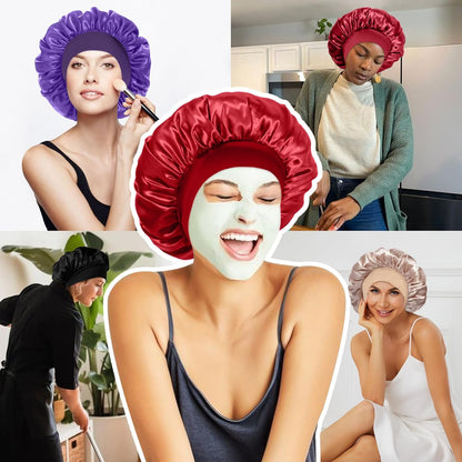 4Pcs Satin Bonnet Silk Bonnet, Hair Bonnet for Sleeping | Elastic Wide Band Silk Sleep Cap, Soft and Breathable, Black Red Purple Gold
