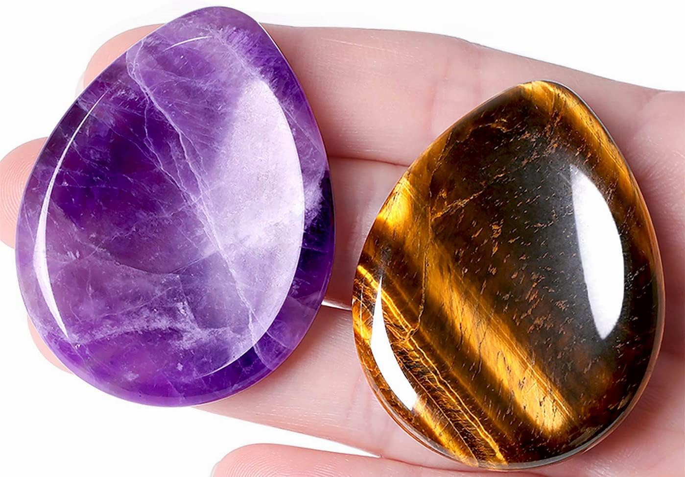 2PCS Worry Stone for Anxiety Tigers Eye Amethyst Healing Crystals Hand Thumb Stones Pocket Gemstones Meditation Accessories Oval Crystal Natural Relax Palm Stone Anxiety Relief Items Stocking Stuffers