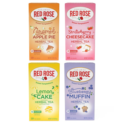 Red Rose Sweet Temptations Dessert Tea Variety Pack, Zero Sugar, Caffeine-Free Flavored Delicious Beverage Herbal Tea, 18 Count Pack of 4 Fruit Naturally Flavored Herbal Tea
