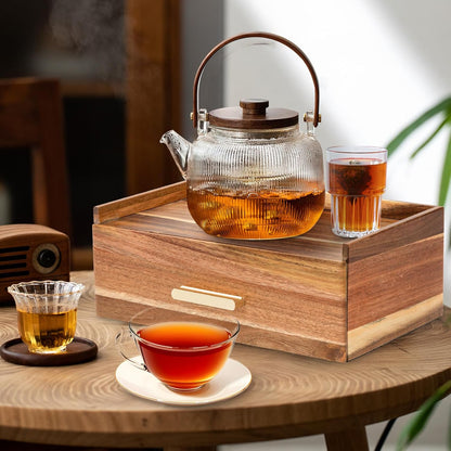 Tea Bag Organizer, Acacia Wood Tea Organizers and Storage Box, Tea Bag Holder Station Caddy Container for Countertop, Tea Accessories Gift Box with Drawer