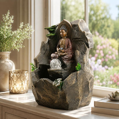Indoor Tabletop Water Fountain with LED Light, Resin Rock-Look Waterfall Decor, Feng Shui Inspired Zen Fountain for Desk, Office, Bedroom, Living Room & Meditation Space (9" Cascading Rock)