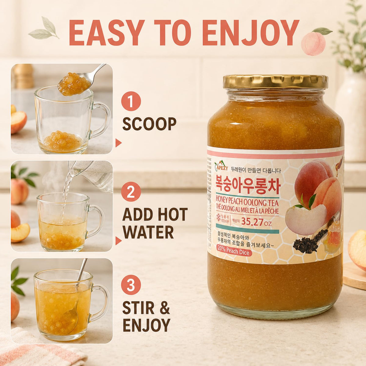 Apexy Korean Honey Peach Oolong Tea – Made with Real Fruit, No Artificial Colors – Premium Drink Base, Smoothies, Desserts, Cocktails, Yogurt, Spreads Made in KOREA 35.27oz (1kg). (Peach Oolong Tea)