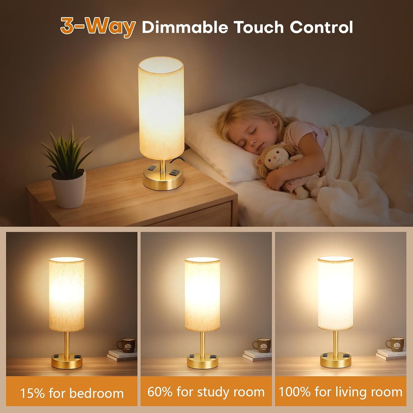 MOICO Bedside Table Lamp for Bedroom, 3-Way Dimmable Nightstand Lamp with USB C, USB A Ports & AC Outlet, Small Table Lamp Fabric Shade for Living Room Dorm Office, LED Bulb Included (14in Wood Grain)
