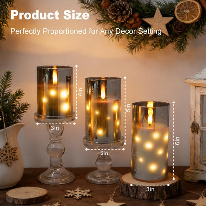 LEDHOLYT Rechargeable Flameless Glass Pillar Candles–Gifts for Women,–Set of 3, Realistic Flickering LED Flame,Remote & Timer, Ideal for Living Room, Bedroom & Halloween Festival Home Party Decor