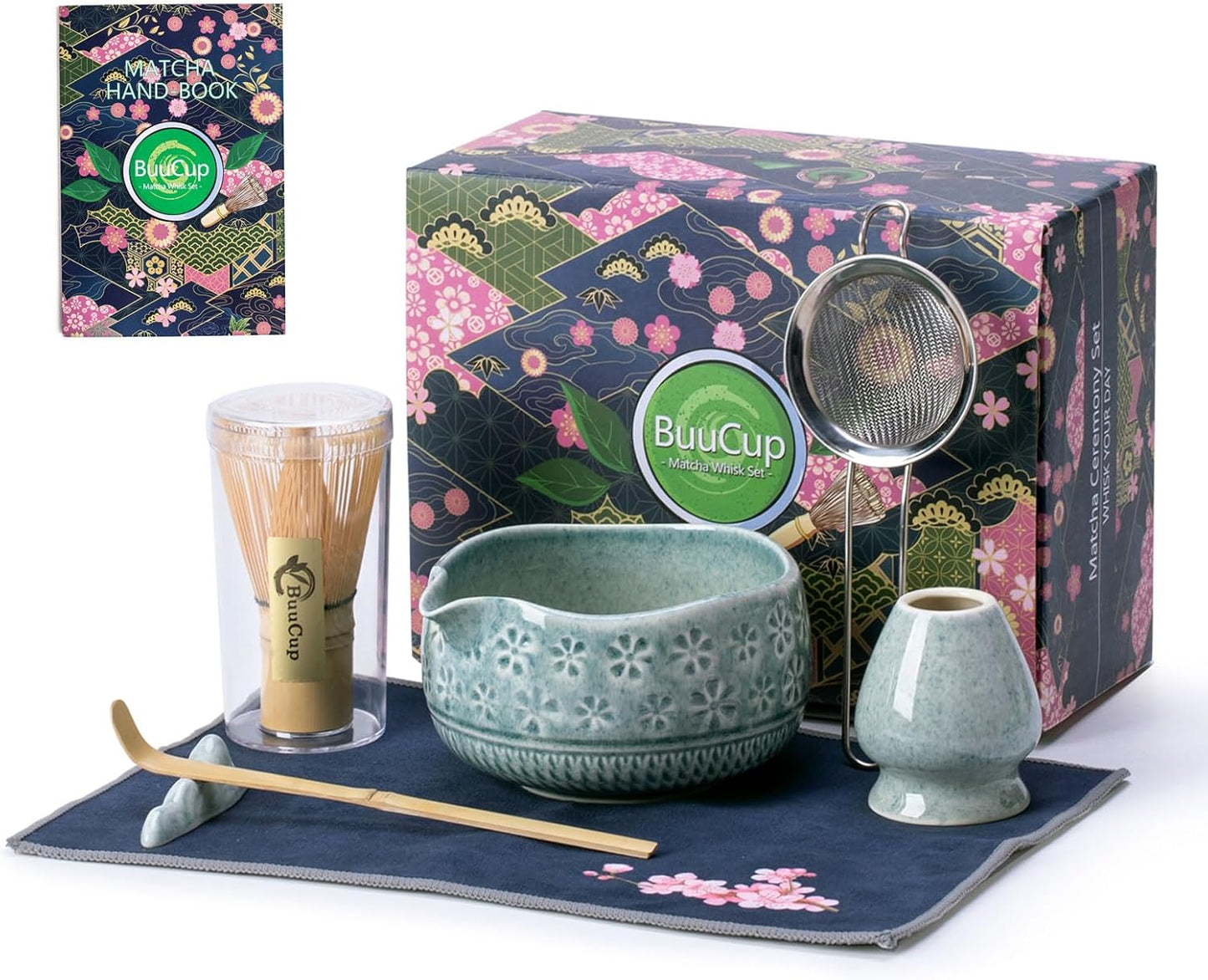 Buucup Matcha Whisk Set, Ceramic Matcha Kit Set Includes Matcha Bowl, Matcha Whisk and Holder, Bamboo Scoop, Scoop Rest, Sifter and Tea Towel - 7 Pcs Matcha Kit for Matcha Lovers (Mottled Green)