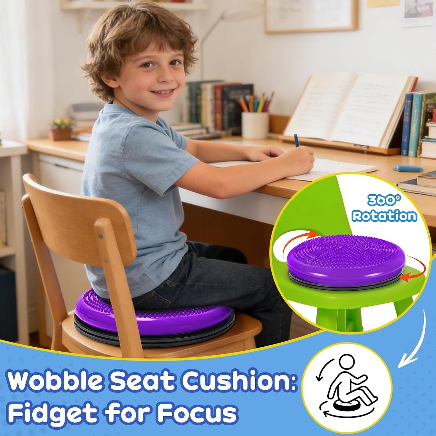 Wiggle Seat Cushion,Fimeetoy Sensory Spinning Chair,ADHD Tools for Kids,Flexible Seating Classroom & Home,Inflatable Wobble Balance Disc-Blue