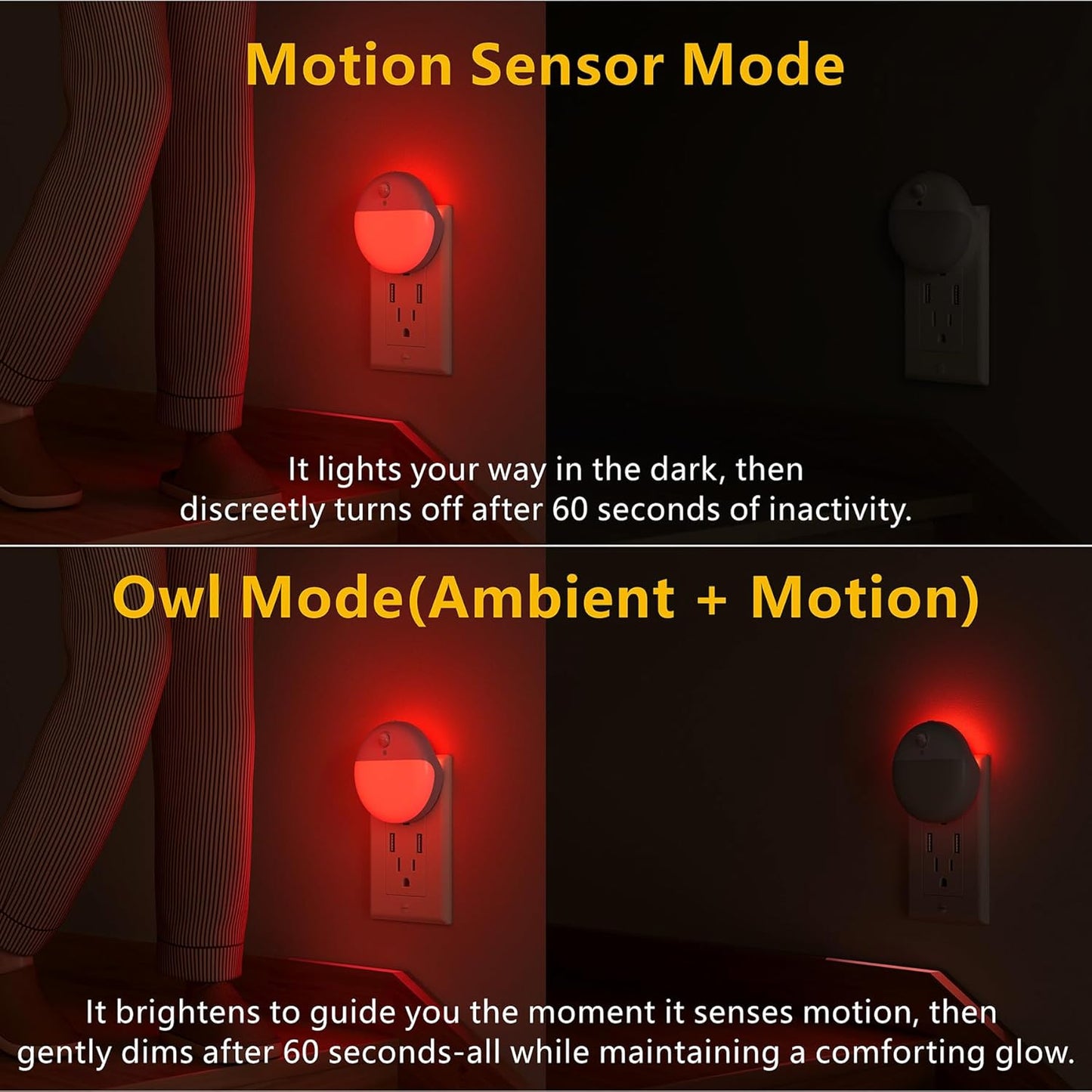 YUNLEX 2 Pack Plug in Sleep Night Light with Motion Sensor and Dusk to Dawn Sensor, 3 Modes, Soft Glow, Stepless Dimming, LED Lights for Bedroom, Sleep, Baby Nursery, Kids, Toddler, Home Decor (Amber)