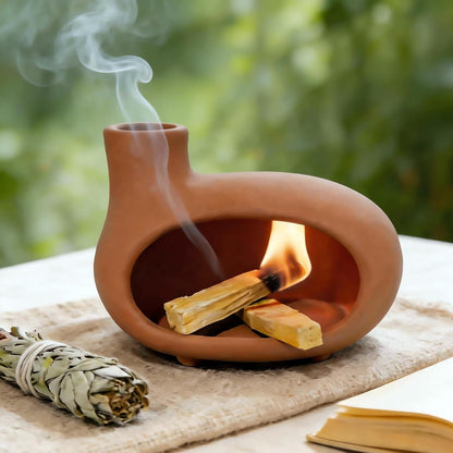 MOUGIGI Terracotta Palo Santo Holder - Modern Chiminea Incense Burner for Yoga, Meditation, and Energy Cleansing - Wood Sticks Dish, Sage Ash Catcher, Smudge Bowl, Cone Burner - Unique Meditation Gift