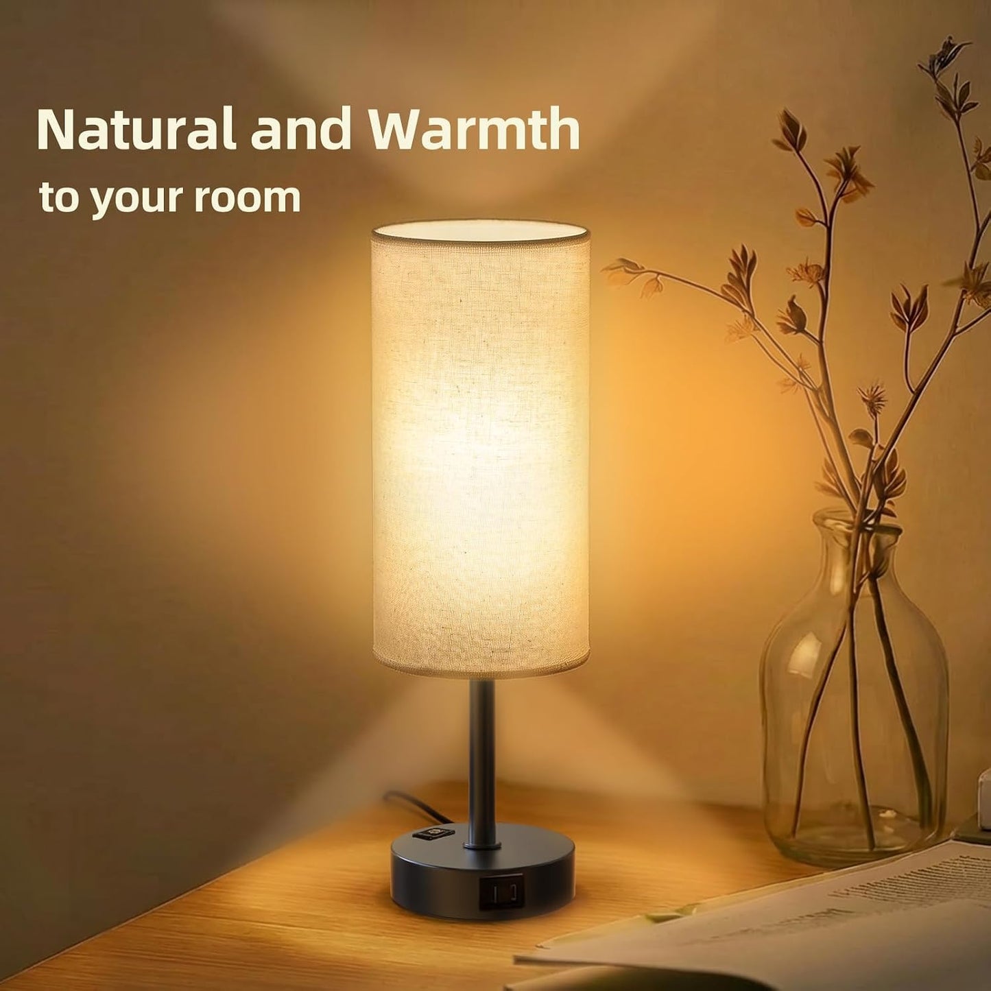 Table Lamp for Nightstand, High-Sensitivity Touch, 3-Level Dimmable Bedside Lamp with AC Outlet | USB | and USB-C, Ideal Night Stand Lamp for Bedroom, Reading, Living Room(Warm&Wooden)