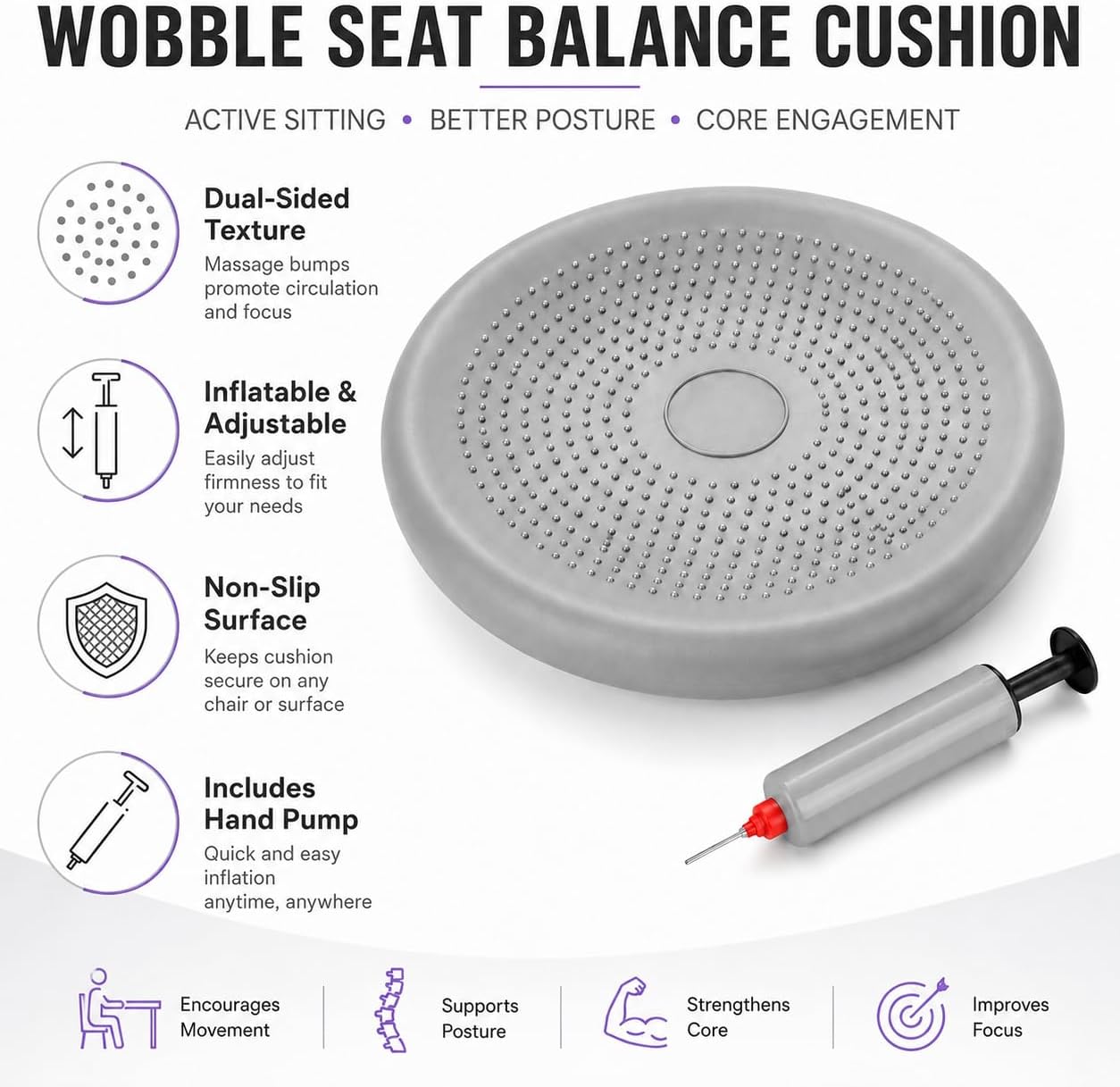 Hanstuten Wobble Seat Cushion & Core Balance Disc - Rubber Wiggle Seat for Active Sitting, Office Desk Chair, and Core Strength Training