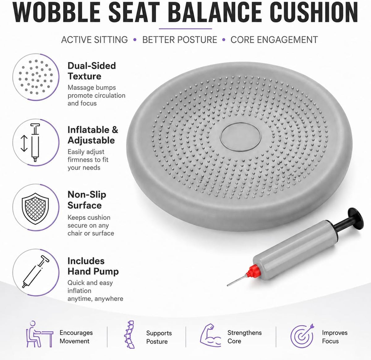 Hanstuten Wobble Seat Cushion Balance Disc - Rubber Wiggle Seat for Active Sitting, Office Desk Chair, and Core Strength Training