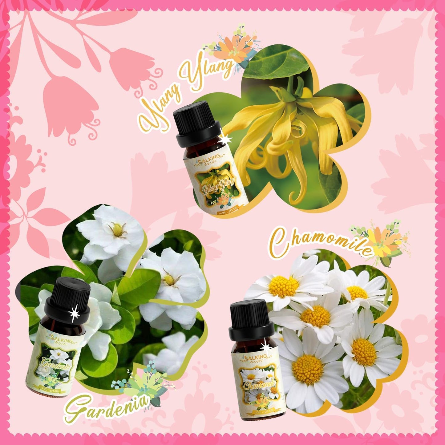 SALKING Floral Essential Oils Set, Premium Pure and Natural Essential Oils, Fragrance Oil Scented Oils for Oil Diffusers 6 x 10 ML - Lavender, Rose, Jasmine, Cherry Blossom, Gardenia, Chamomile
