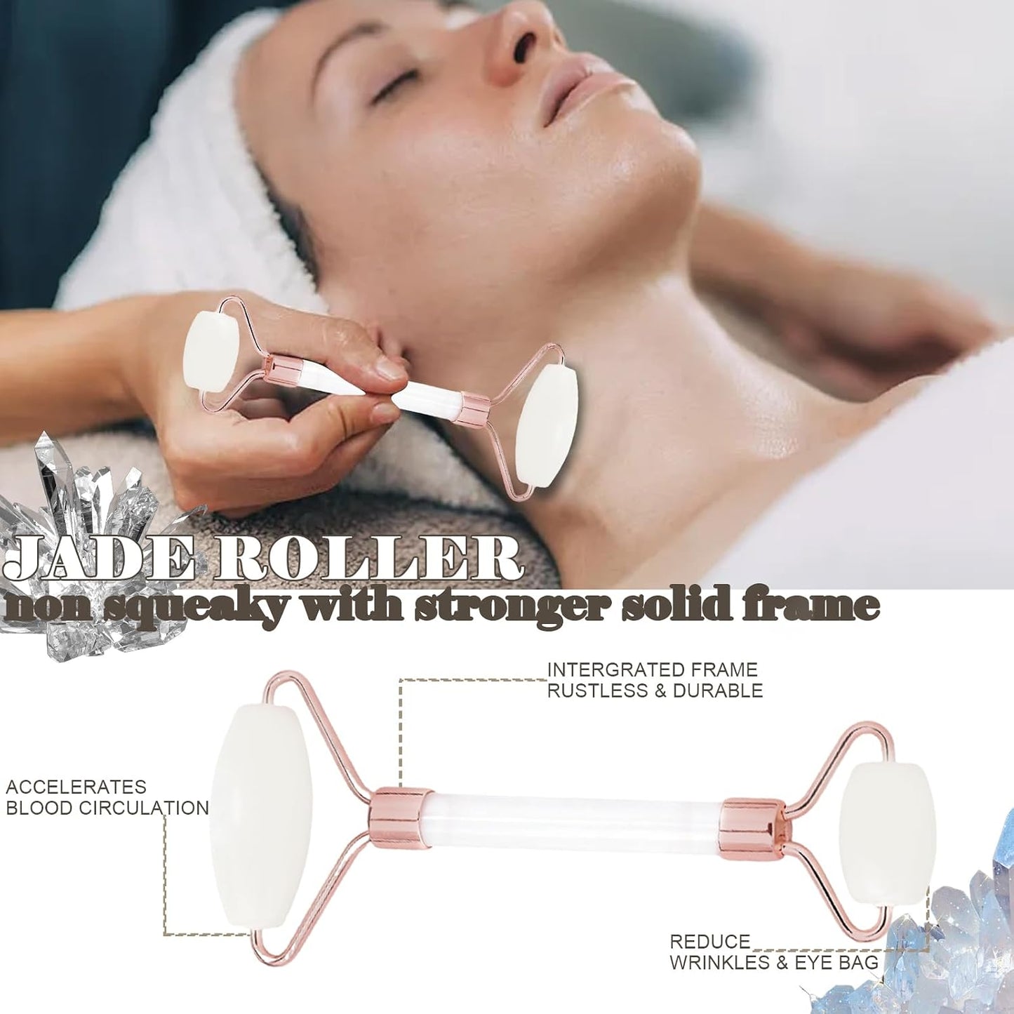 Jade roller and gua sha, facial roller, women's skincare tool, self-care gift, face, eye, neck massager, relieves fine lines and wrinkles, aventurine, opal, rose quartz
