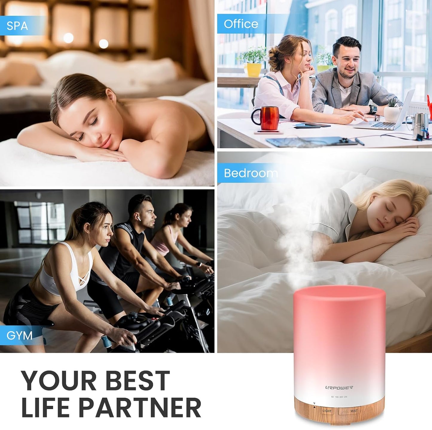 URPOWER 300ml Essential Oil Diffuser: Ultrasonic Aromatherapy Diffuser Quiet Auto Shut-Off, 4 Timer Settings(1H 3H 6H ON) & 7-Color Night Light Humidifier for Yoga Bedroom Living Room Office