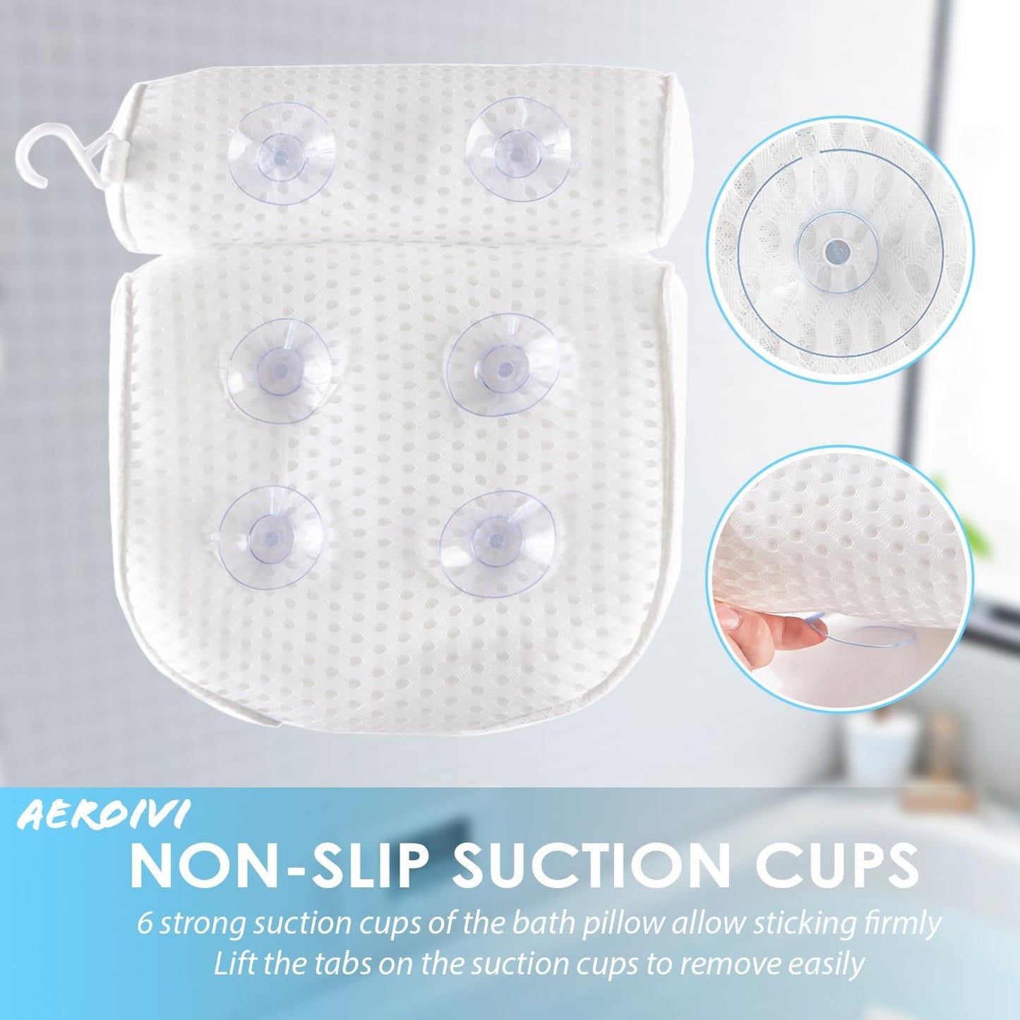 AEROiVi Luxury Bath Pillows for Tub，Bath Pillow Bathtub Pillows for Head and Neck Support Bath Cushion Made from Soft Spacer Mesh Material with Suction Cups,Gray