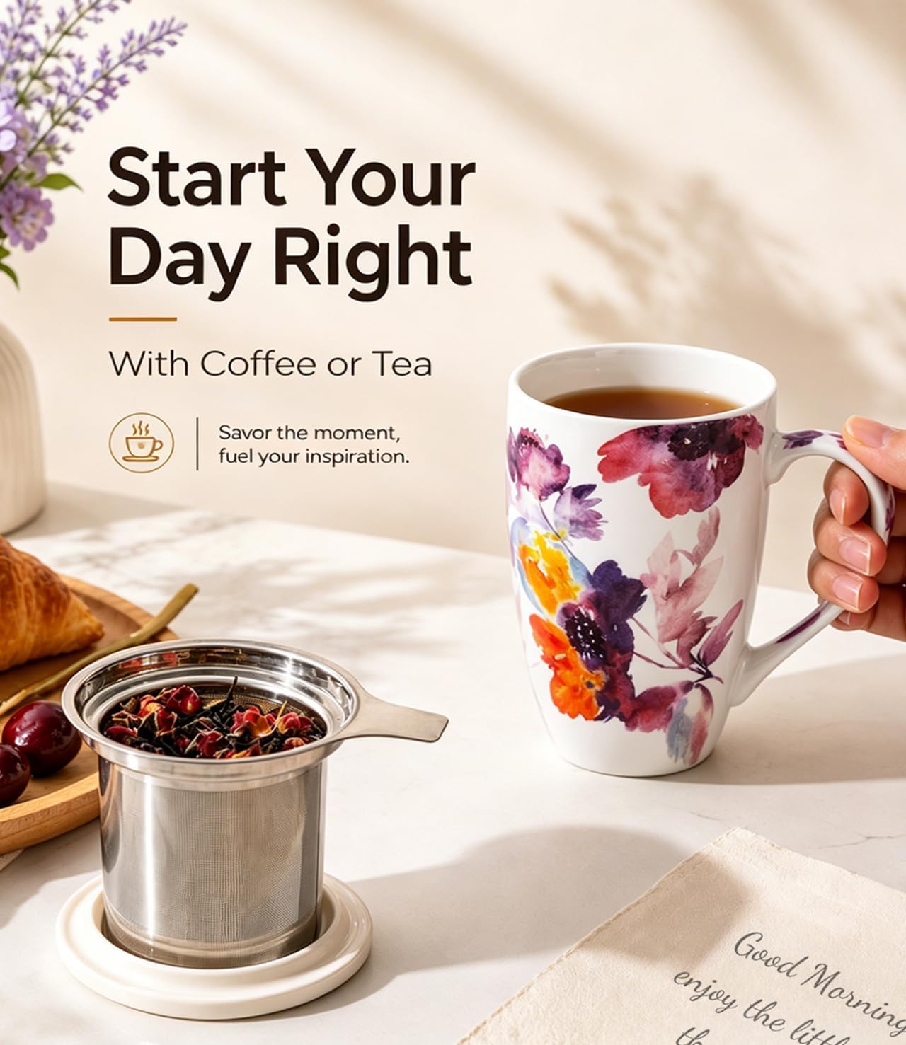 AmorArc 18oz Porcelain Tea Mug with Infuser & Lid, Loose Leaf Tea Cup with Stainless Steel Strainer, Large Coffee Mug Gift for Women, Tea Lovers, Home & Office