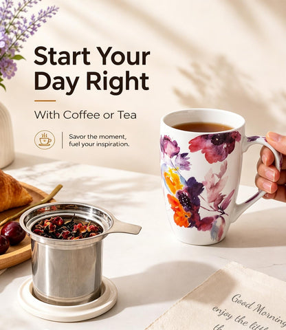 AmorArc 18oz Porcelain Tea Mug with Infuser & Lid, Loose Leaf Tea Cup with Stainless Steel Strainer, Large Coffee Mug Gift for Women, Tea Lovers, Home & Office