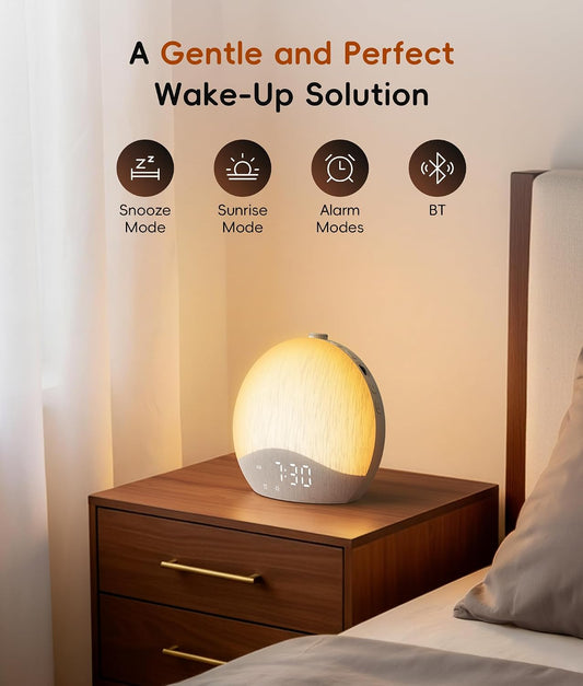 ecozy Sunrise Alarm Clock, White Noise Machine, Sound Machine for Bedroom, Wake Up Light with BT Speaker, 26 Sleep Sounds, 17 Night Lights, Dimmable Digital Clock for Adults, Kids