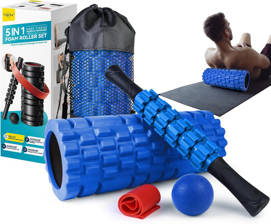 Krightlink 5 in 1 Foam Roller Set for Deep Tissue Muscle Massage, Trigger Point Fitness Exercise Foam Roller, Massage Roller, Massage Ball, Stretching Strap, for Whole Body (Orange Black)