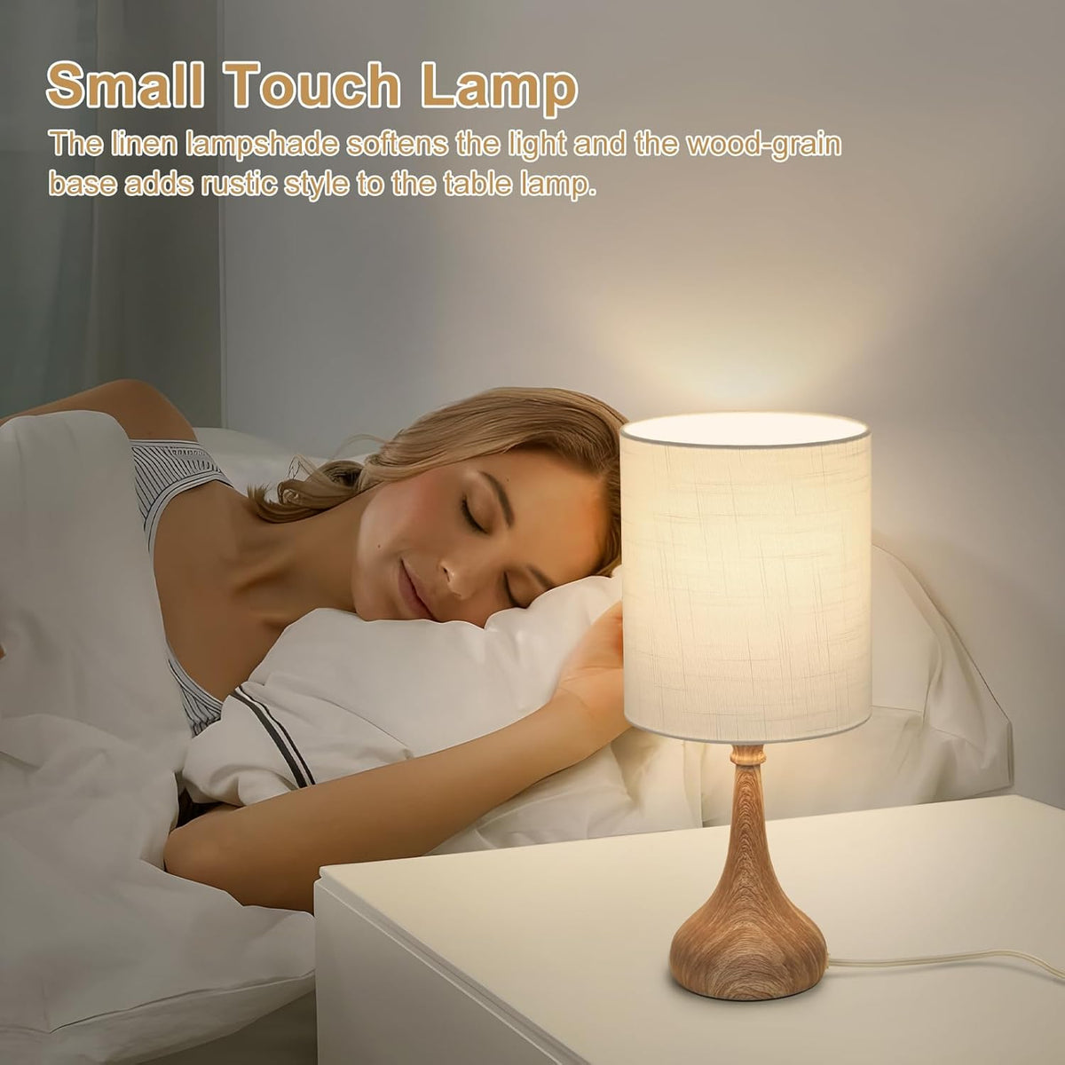 Touch Control Table Lamp, 3 Way Dimmable Simple Night Light Lamp with White Lampshade Silver Metal Base, Small Bedside Table Lamp for Bedroom, Office, Dorm, A19 9W 3000K Bulb Included