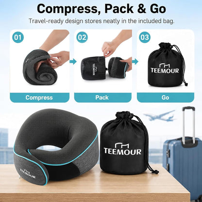 Travel Pillow Neck Pillow for Airplane Travel Essentials - Memory Foam Travel Neck Pillow, Stops Head Bobbing With Eye Mask & Earplugs, Portable Carry Bag for Long Flights| Airplane Accessories Black