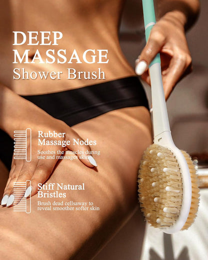 Dry Brushing Body Brush for Massage - Natural Boar Bristle Exfoliating Brush with Massage Nodes for Lymphatic Drainage, Cellulite, Blood Circulation Improving Skin Health for Women Men Elderly(Grey)