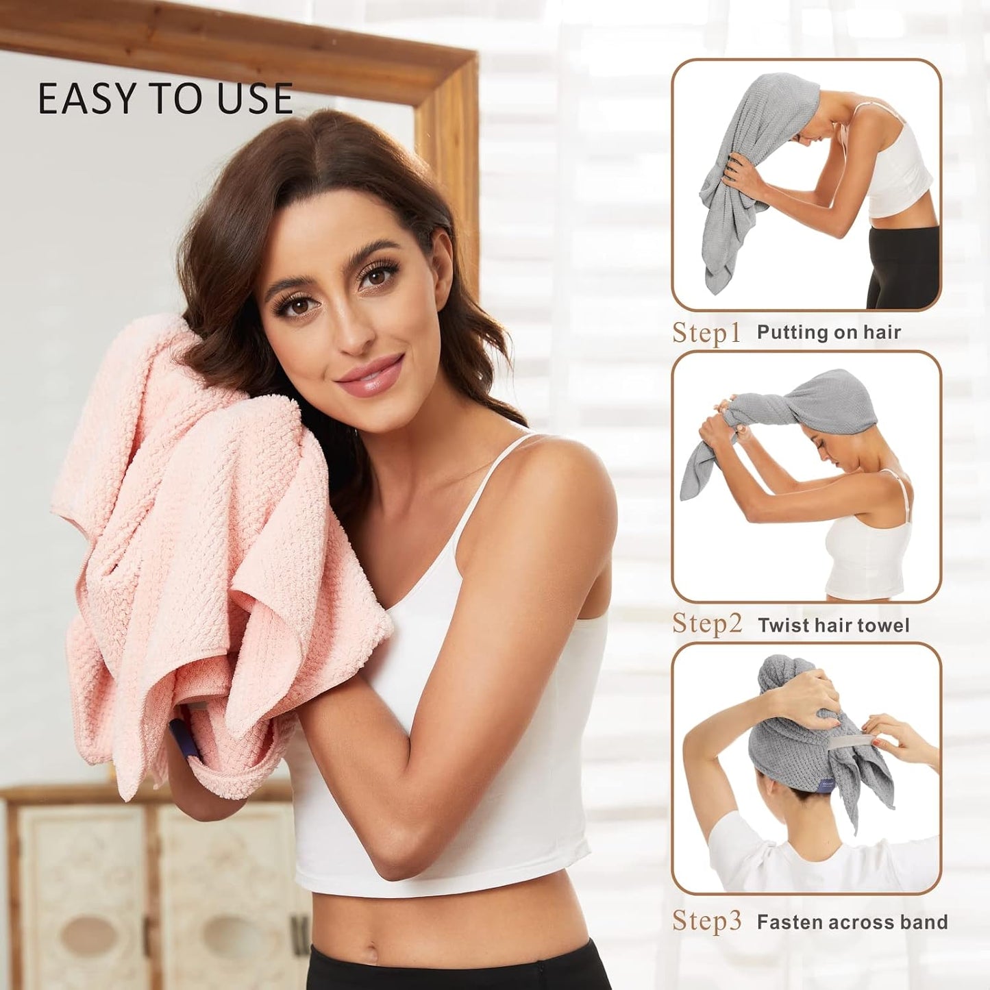 Large Microfiber Hair Towel Wrap for Women, Anti Frizz Drying Towel, Fast Dry Turban Wet Hair, Long, Thick, Curly Super Absorbent Soft Towels - White