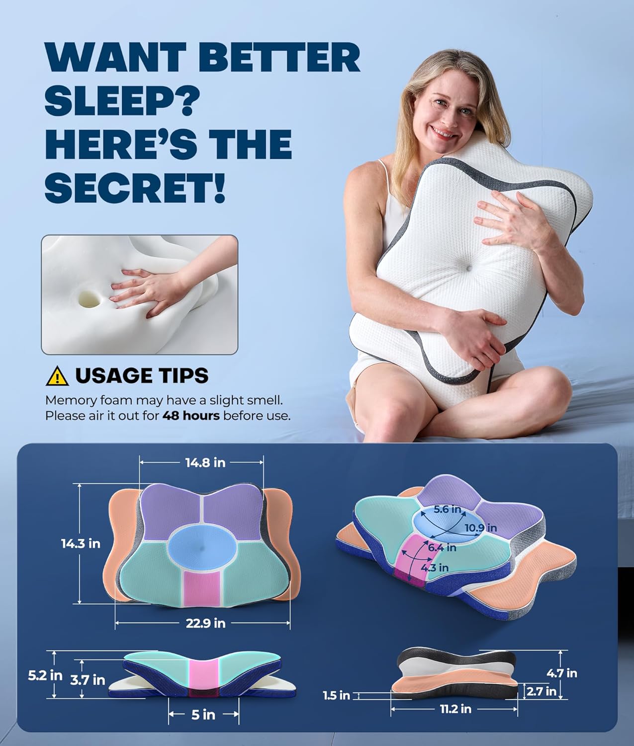 5X Pain Relief Cervical Neck Pillow for Neck Support, Ergonomic Cooling Side Sleeper Pillow for Sleeping, Odorless Contour Memory Foam Pillows, Orthopedic Bed Pillow for Side Back Stomach Sleeper