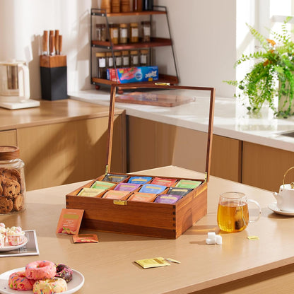 HouseJoy Tea Bag Organizer, Acacia Wood Tea Storage Box, 12 Compartments Tea Bags Storage Drawer with Clear Glass Window, Tea Bag Holder for Countertop Kitchen Cabinet Pantry - Keeps Tea Bags Fresh
