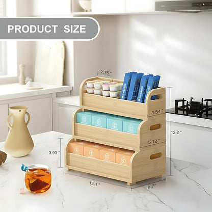 3-Tier Bamboo Tea Bag Organizer, Stackable Tea Holder for Countertop, Black