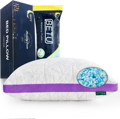 BETU Cooling Pillow Queen Size, Shredded Memory Foam Cool Pillow for Hot Sleepers, Adjustable Firm Soft Support Bed Pillows Perfect for Back Neck Pain and Side Sleeping with Pillow Case Cover, White
