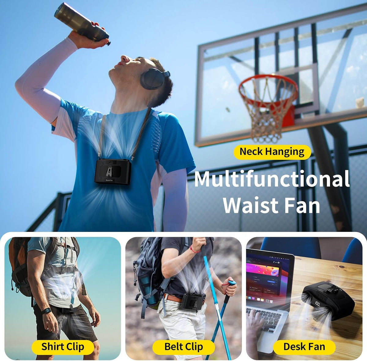 Socool 20000mAh Portable Waist Fan Clip on Wearable Belt Personal Fan Rechargeable, 40H Cooling Battery Operated with 10 Speeds & Dual Air Outlets, Neck Fans Hanging for Outdoor Jobsite Camping