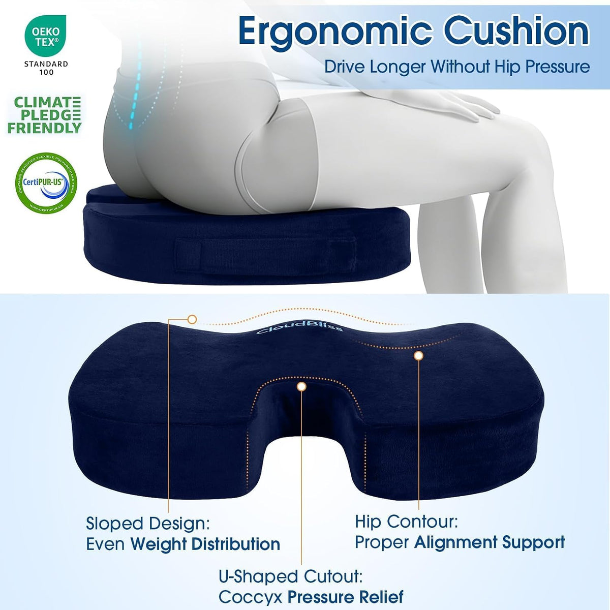 CloudBliss Ergonomic Seat Cushion & Lumbar Support Pillow Set, Black,Large
