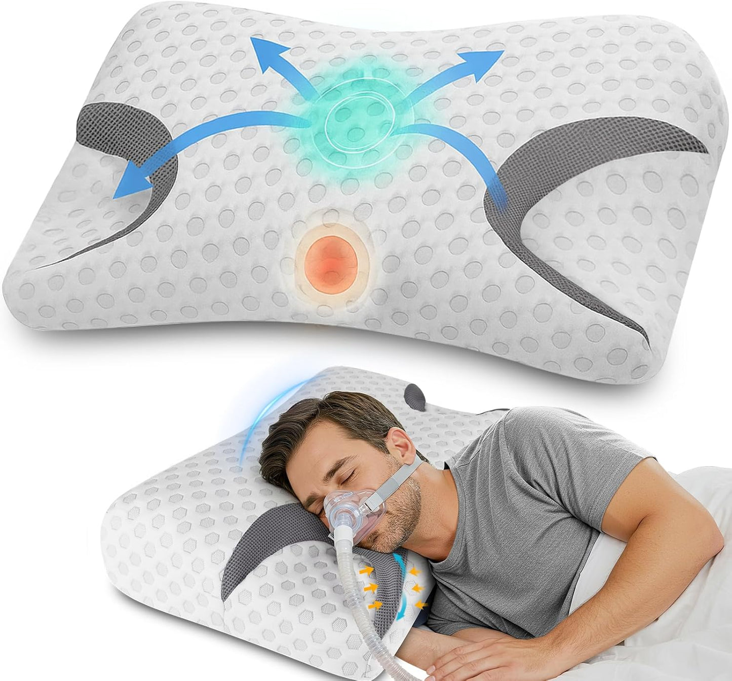 IKSTAR Cooling CPAP Pillow for Side Sleepers - Sleep Apnea Pillow for CPAP User - Reduce Air Leak/Hose Tangle/Mask Pressure - Memory Foam Neck Support Nasal Pillows Side/Back/Stomach Sleeper