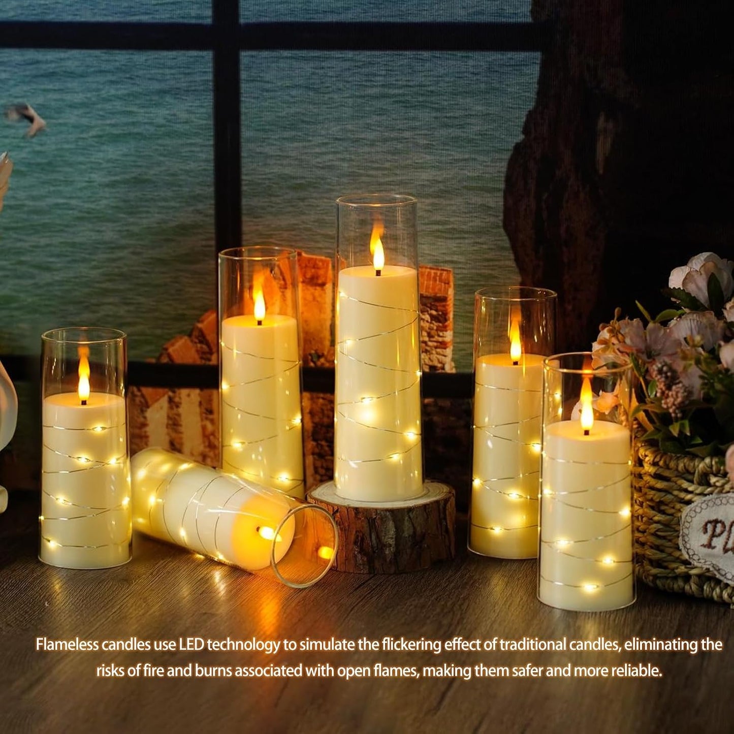 Nimiko Flickering Flameless LED Candles,Battery Operated Candles 24 Pcs with Embedded Star String,Acrylic LED Pillar Candles with Remote,Suitable for Home Decoration to Create an Atmosphere (White)