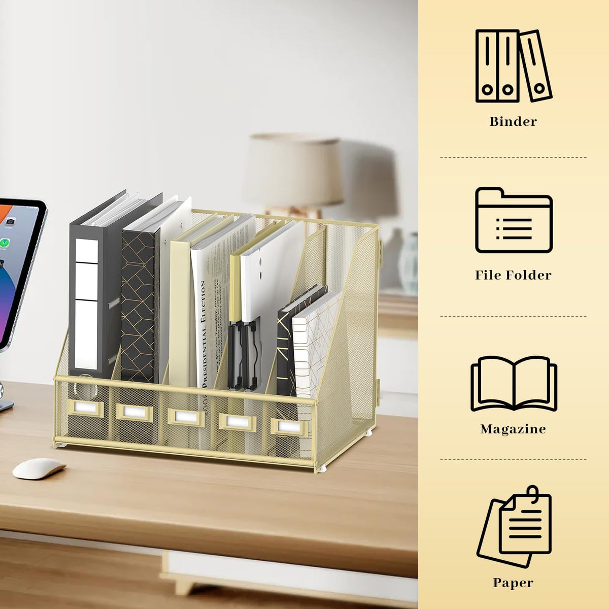 SUPEASY Desk Organizers Metal Desk Magazine File Holder with 5 Vertical Compartments Rack File Organizer for Office Desktop, Classroom, Home Workspace, Black