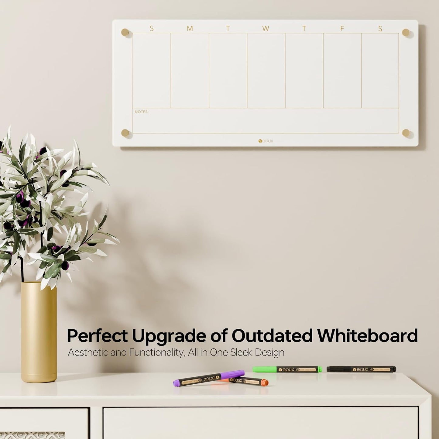 Black Glass Golden Weekly Dry Erase Calendar & Menu Whiteboard for Wall, Meal Planning & Grocery Shopping List White Board for Kitchen & Home, 15x11, 4 Wet Erase Markers Included, Yeoux