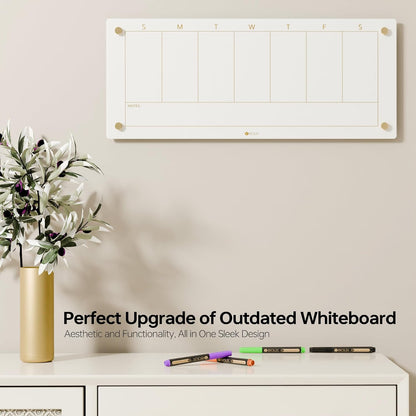 Black Glass Golden Weekly Dry Erase Calendar & Menu Whiteboard for Wall, Meal Planning & Grocery Shopping List White Board for Kitchen & Home, 15x11, 4 Wet Erase Markers Included, Yeoux